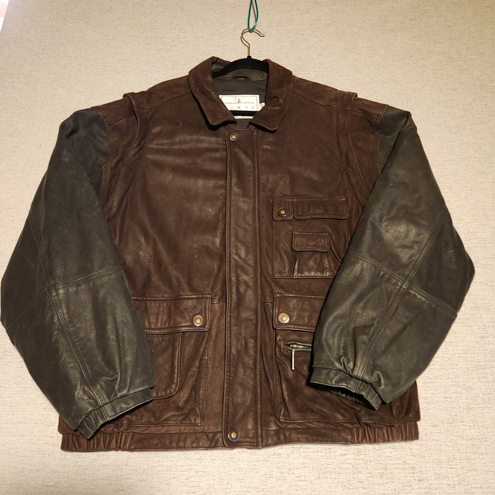 Towne London Fog Leather Bomber Jacket Mens L Brown Grey Two Tone Field Coat